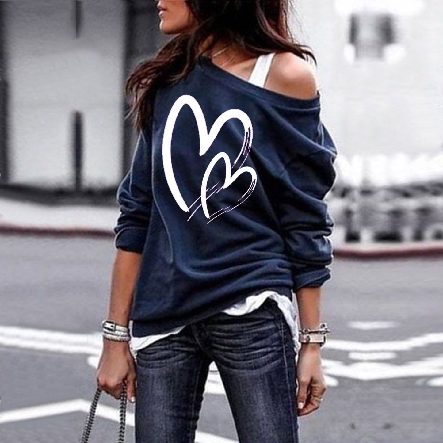 One Sweatshirt Tops Patterned Women's Heart Shoulder Casual Pullover Top