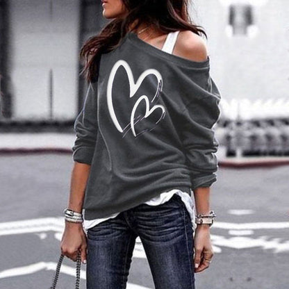 One Sweatshirt Tops Patterned Women's Heart Shoulder Casual Pullover Top