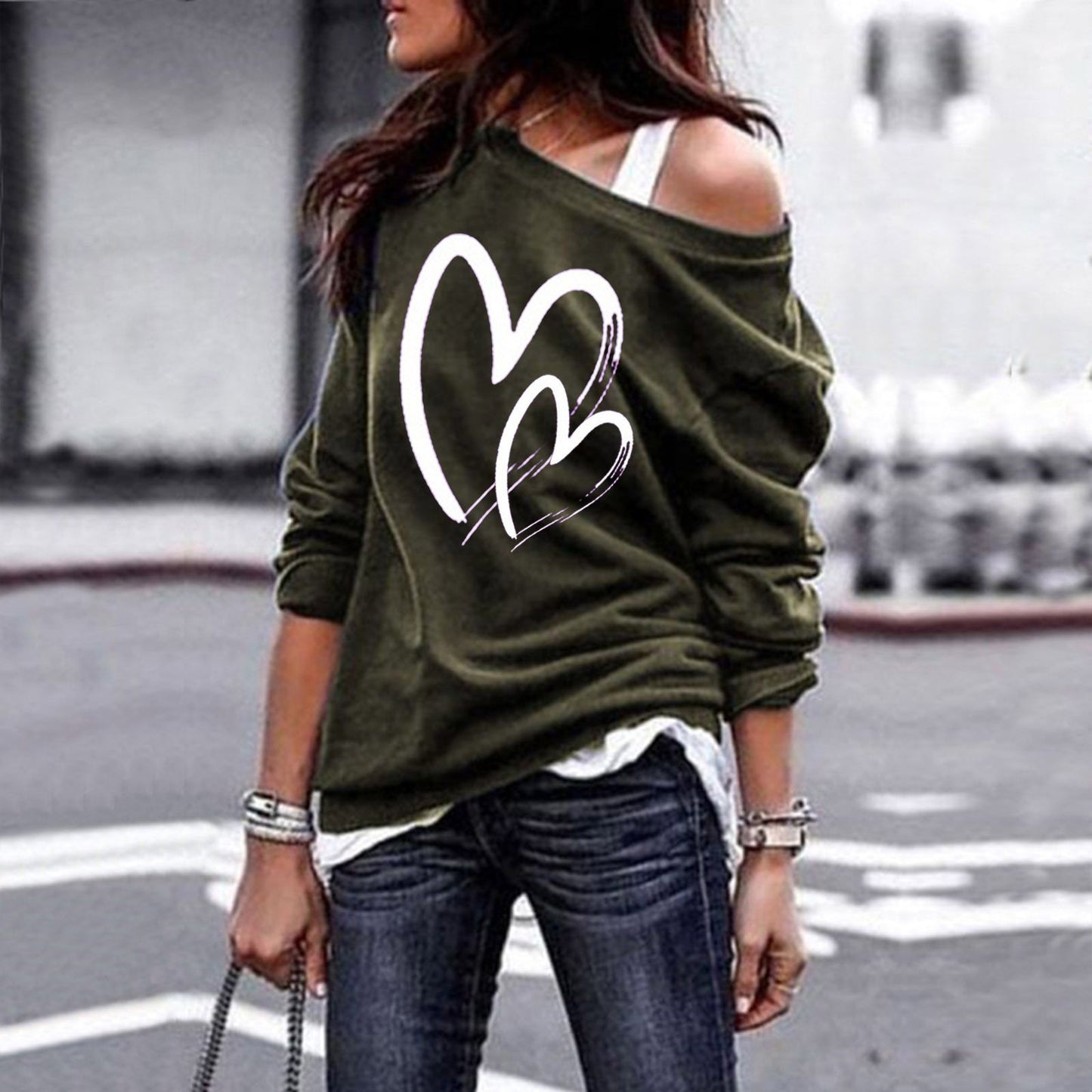 One Sweatshirt Tops Patterned Women's Heart Shoulder Casual Pullover Top