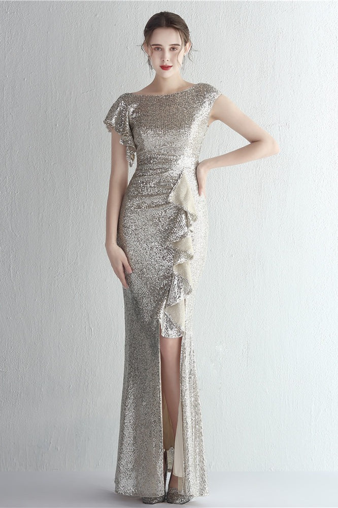 Glitter High Neck Mermaid Slit Formal Dress