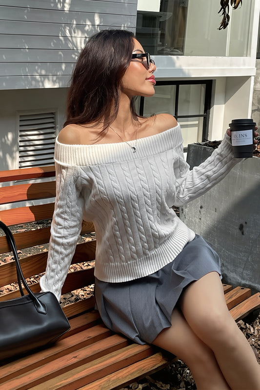 Cable Knit Off Shoulder Cropped Sweater