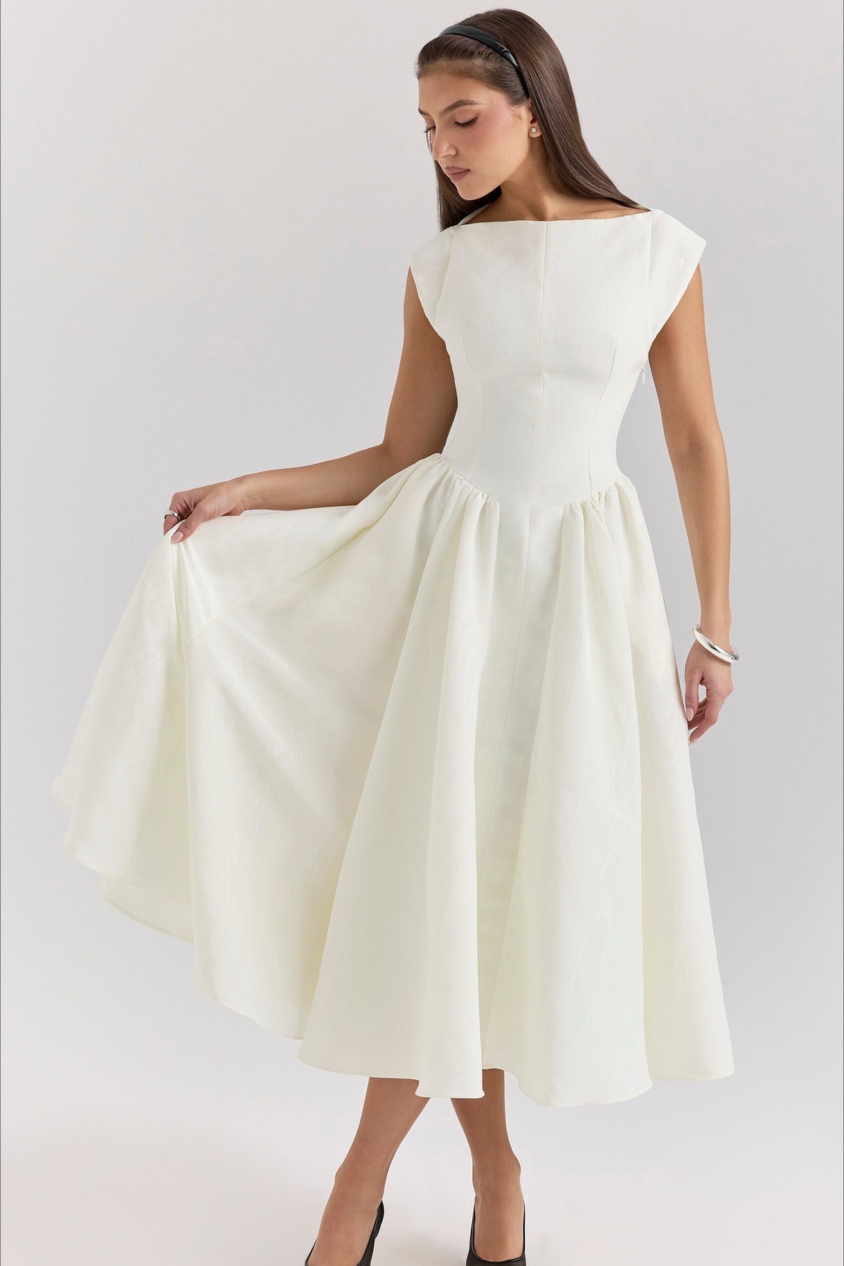 white midi swing dress Little White Linen Dress Fit and Flare Swing Midi White / Custom order