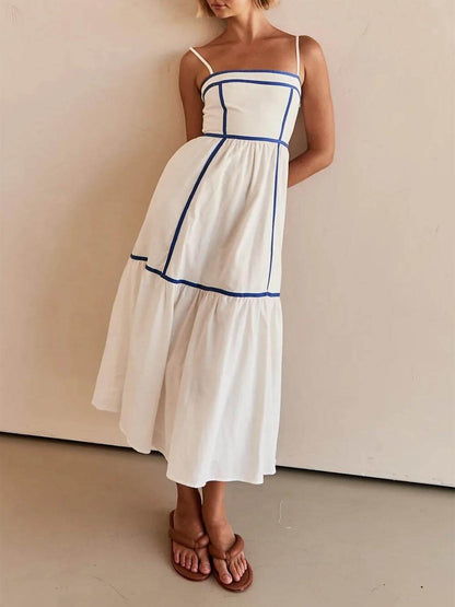 Contrast Color Trim Charming Adjustable Straps Midi Dress