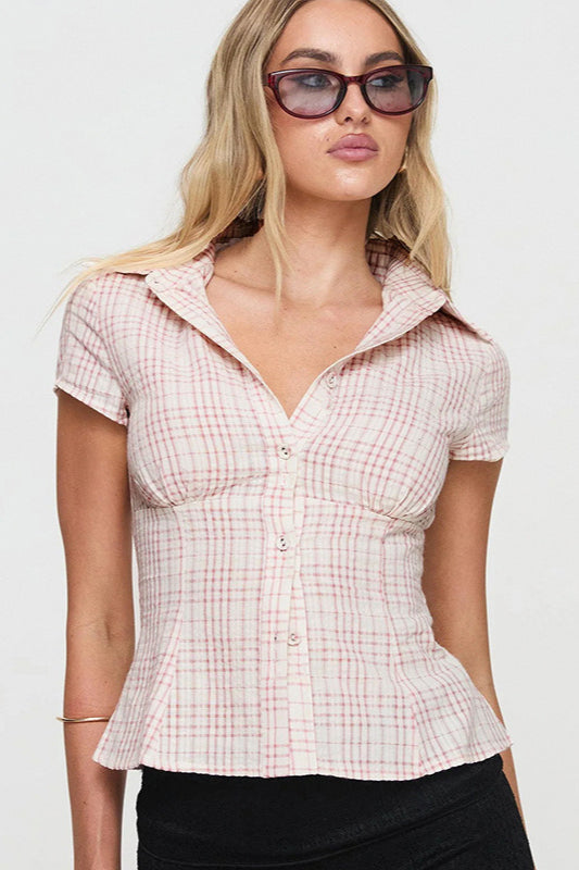 Fitted Waist Plaid V Neck Button Front Short Blouse