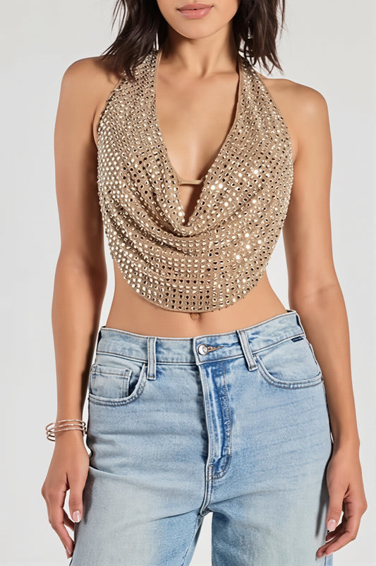 Rhinestone Mesh Draped Halter Top