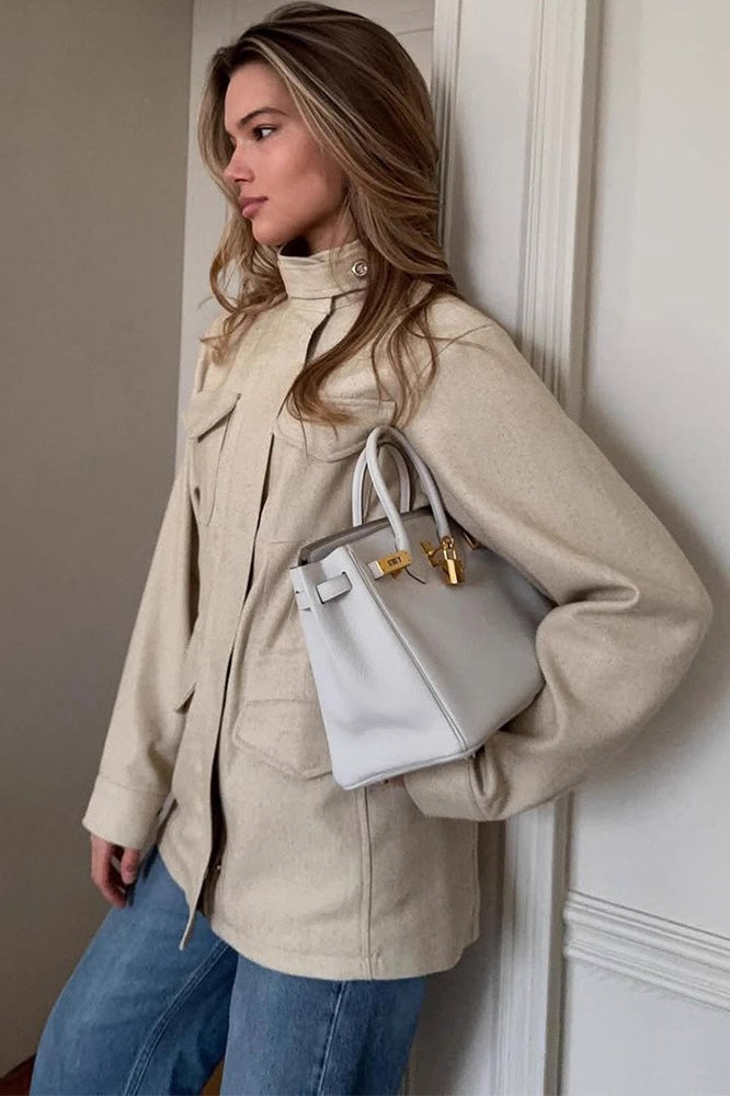 Retro Solid Collared Elastic-Waist Long-Sleeve Trench Jacket