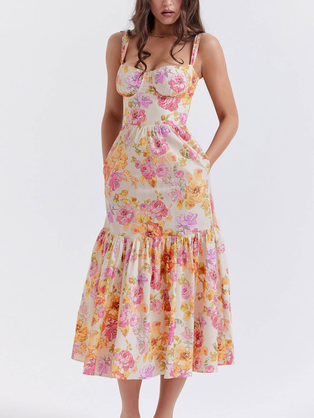 Strap A-Hem Stylish Floral Midi Dress