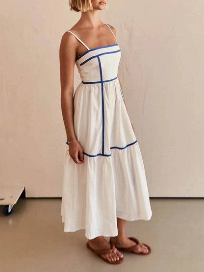 Contrast Color Trim Charming Adjustable Straps Midi Dress