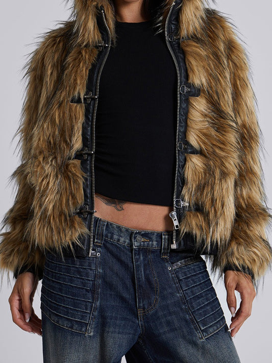 Metal Button Zipper Fur Leather Panel Loose Coat