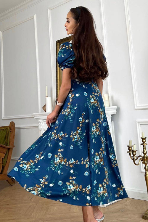 Doll Collar Short Sleeve Blue French Elegant Floral Dress