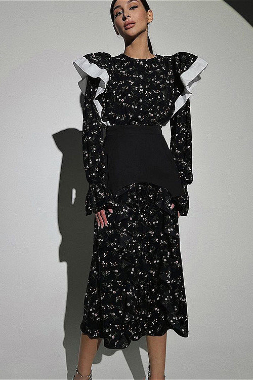 Removable Belt Long Sleeve Casual Floral Dress