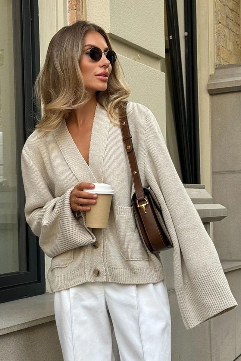 Knitted V Neck Loose Lazy Fit Cardigan Apricot / S