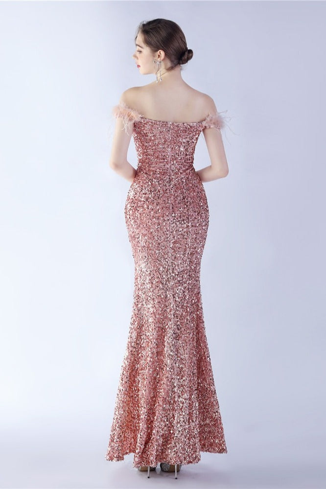 Velvet Sequin Ostrich Feather Off Shoulder Formal Dress