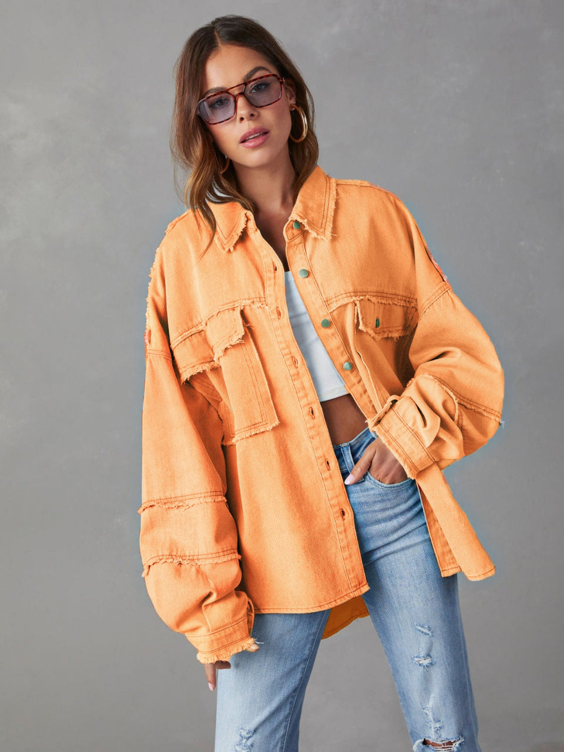 Dropped Shoulder Raw Hem Jacket Sherbet clothes Denim Jacket Jacket long sleeve top Outerwear Ship From Overseas Shipping Delay 09/29/2023 - 10/02/2023 X@Y@K