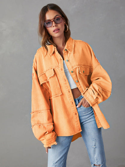 Dropped Shoulder Raw Hem Jacket Sherbet clothes Denim Jacket Jacket long sleeve top Outerwear Ship From Overseas Shipping Delay 09/29/2023 - 10/02/2023 X@Y@K