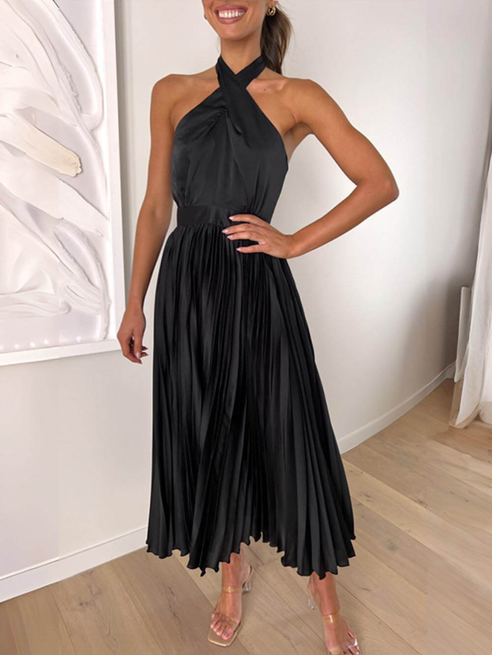 Neckline Pleated Vacation Charming Party Midi Dresses