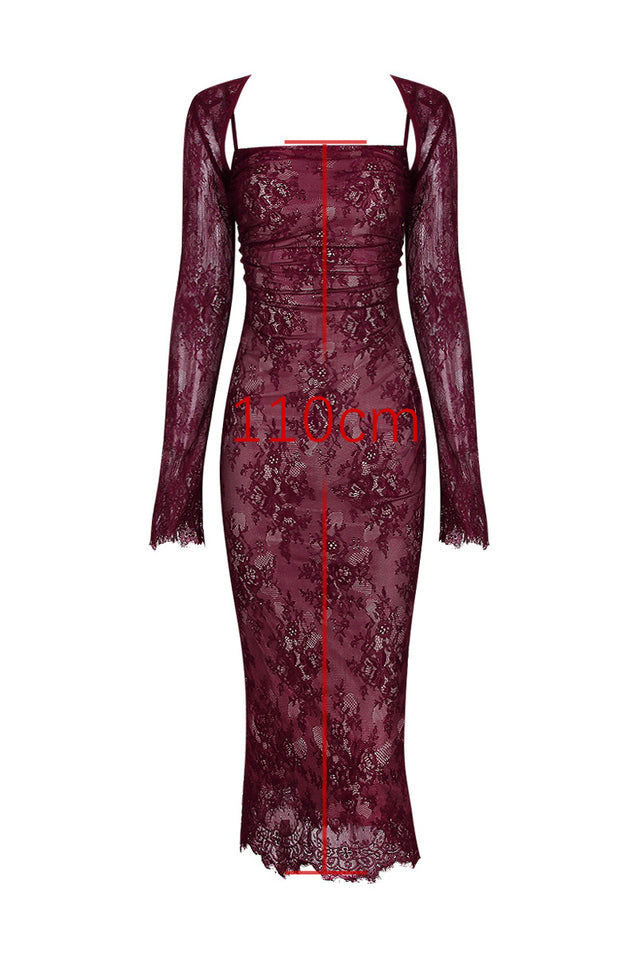 Gaia Claret Stylish Lace Midi Dress