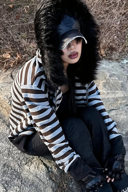 Faux Fur Trim Striped Zip Hoodie
