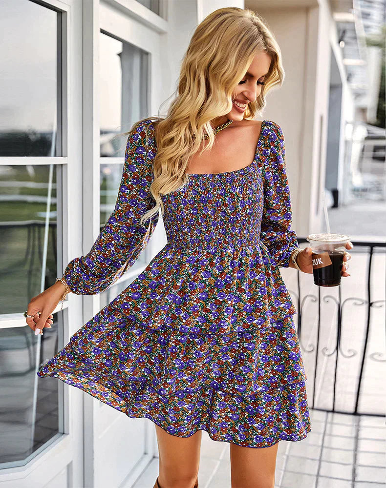 Square Neck Long Sleeve Printed Dress