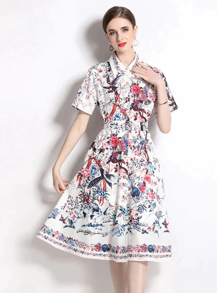 Printed Big Swing Dress with Shirt Lapel and Short Sleeves