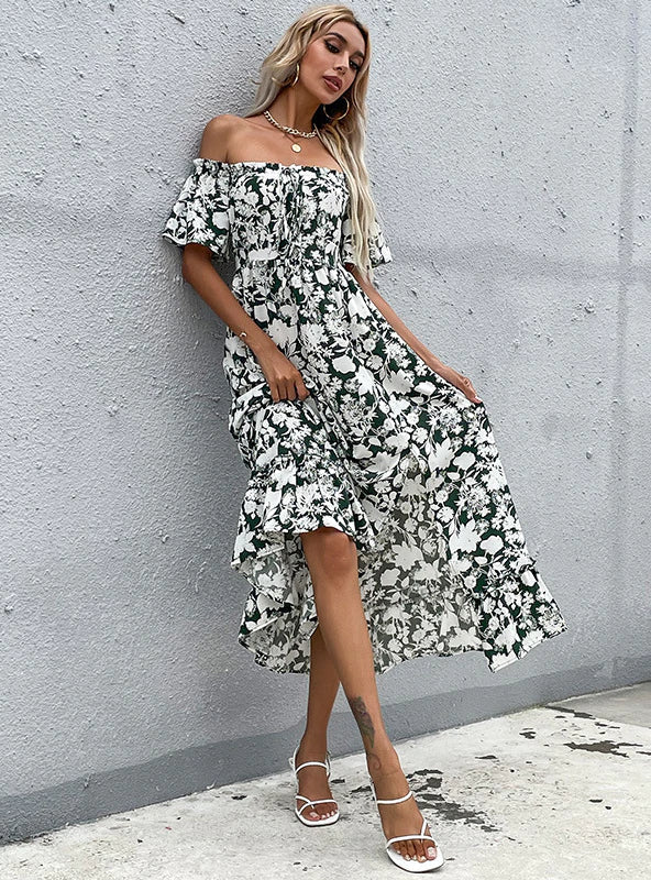 Slim-Fit Long Split Short Sleeve Dress with Print