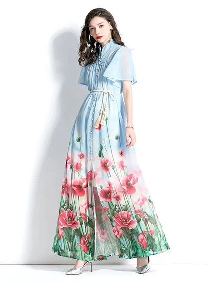 Printed Short Sleeve Long Dress