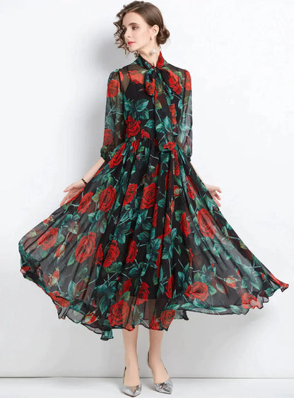 Slim Long Sleeve Chiffon Dress with Rose Print