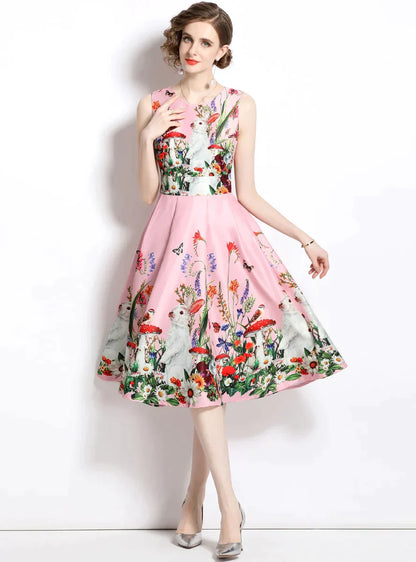 Printed Sleeveless Dress with Round Neck and Slim Waist