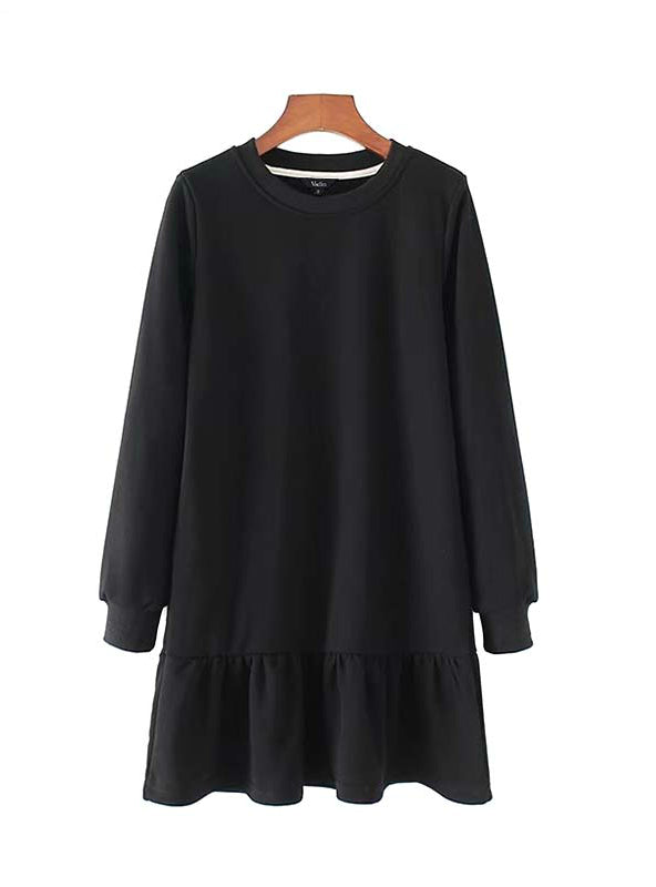 Elegant Ruffled Hem Basic Dress - Women's Long Sleeve