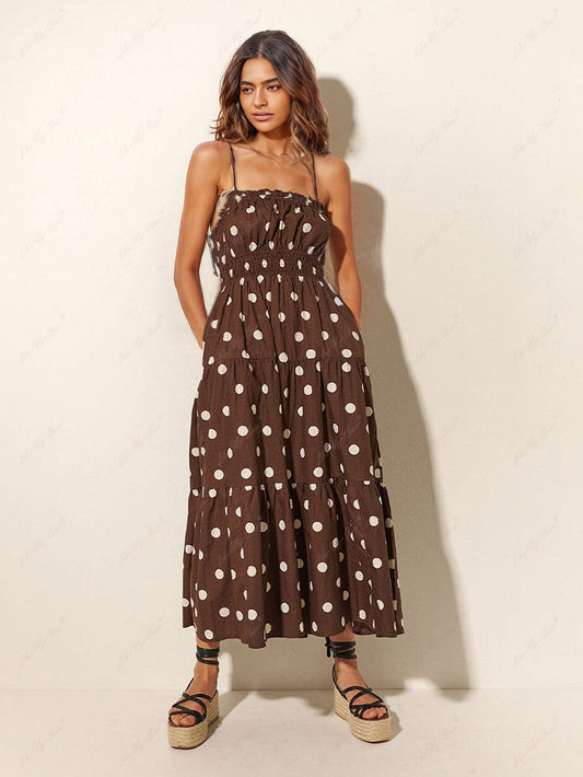 Chocolate And Ivory Polka Dot Trendy Print Pleated Elastic Strap Dress