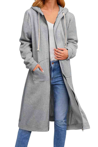 Zip Up Hooded Long Drawstring Cardigan