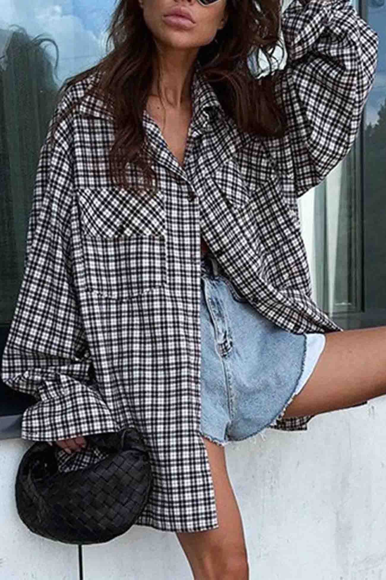 Plaid Lantern Sleeve Long Blouse with Drop Shoulder