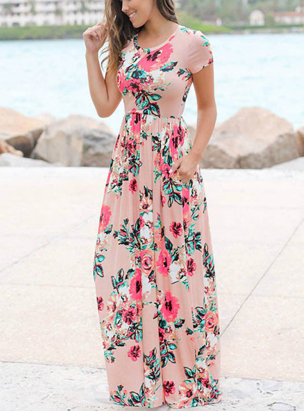 Boho Beach Maxi Dress with Short Sleeves