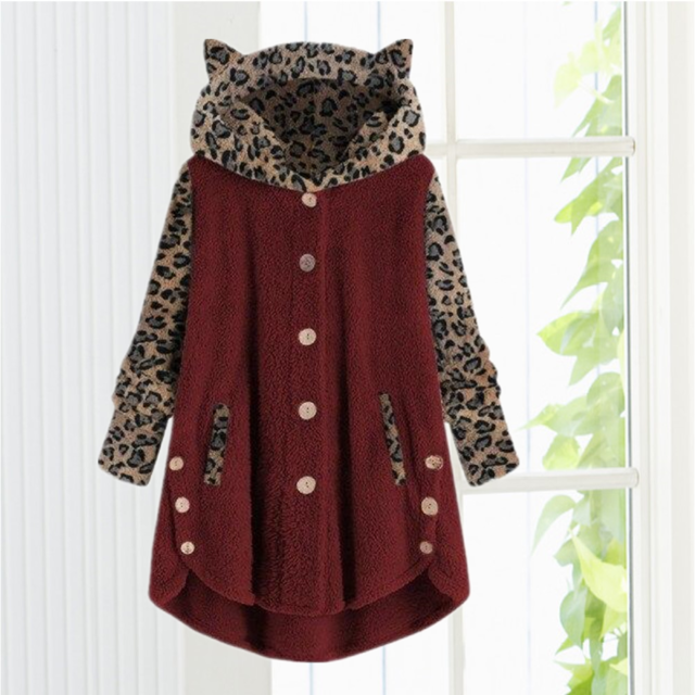 Leopard Patchwork Cat Ears Coat Wine Red Best Sellings cardigan cardigans clothes Plus Size Sale tops