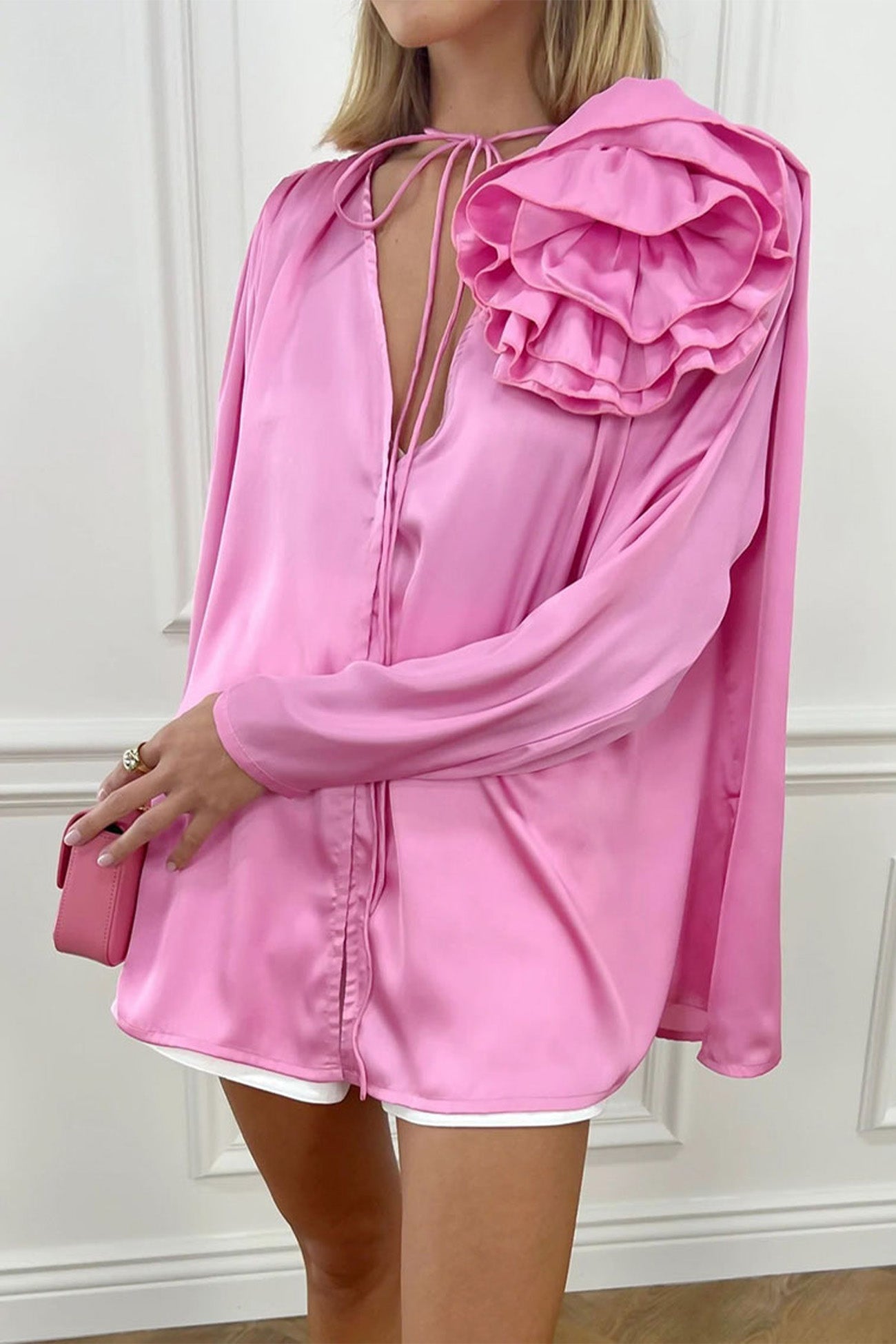 Pink V Neck Floral Lace-Up Blouse with Ruched Detail