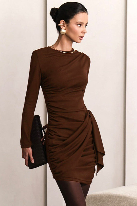 Draped Side Ruching High Waist Cocktail Dress S / Brown