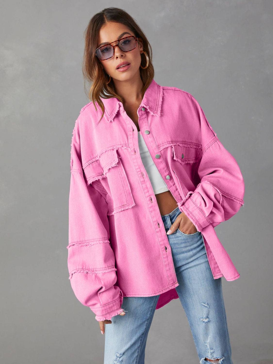 Dropped Shoulder Raw Hem Jacket Hot Pink clothes Denim Jacket Jacket long sleeve top Outerwear Ship From Overseas Shipping Delay 09/29/2023 - 10/02/2023 X@Y@K