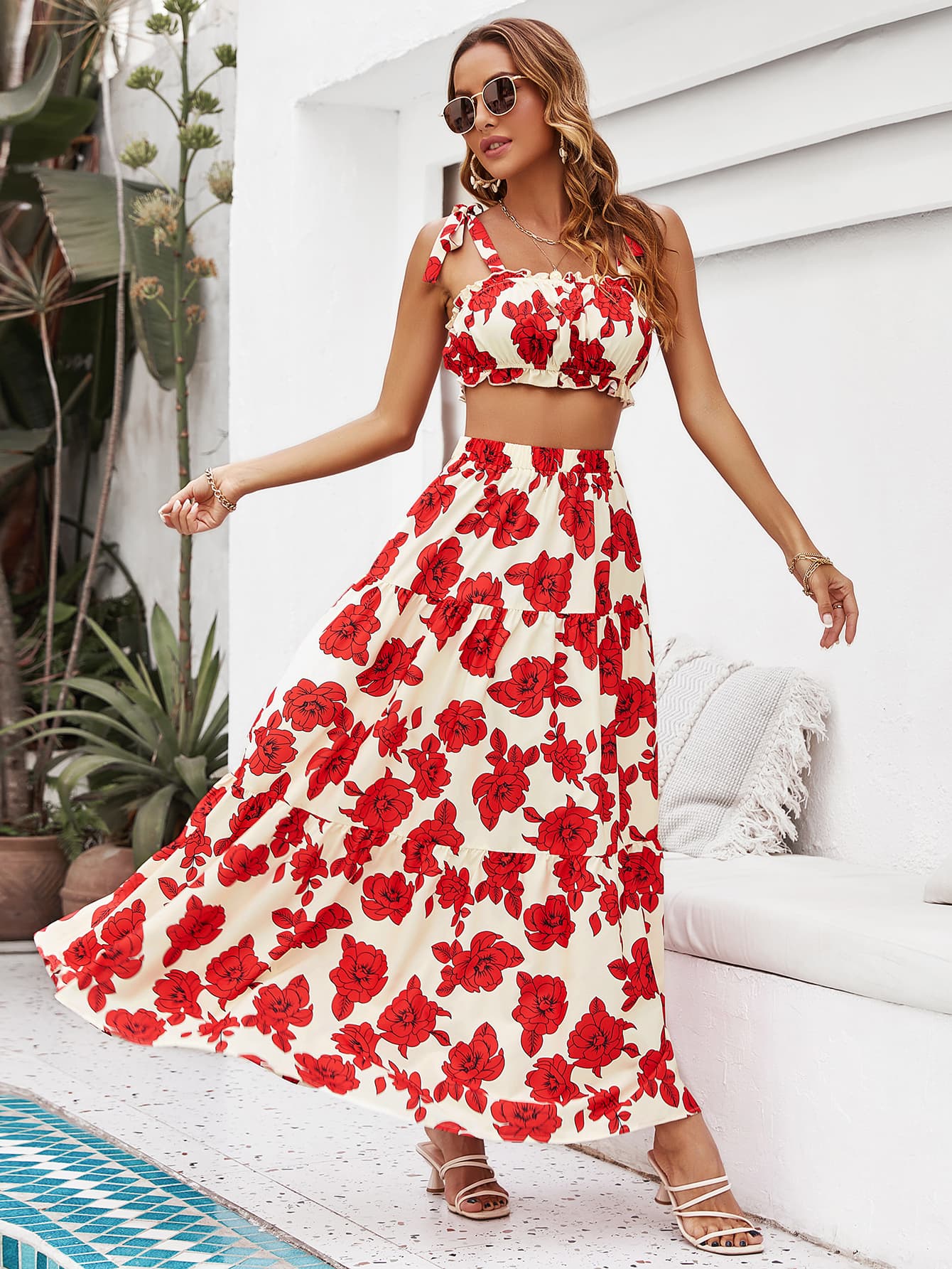 Skirt Tie Tiered Top with Full-Length Flowered Shoulder Set