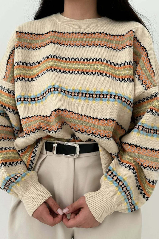 Fair Isle Jacquard Stripe Color Block Knit Sweater