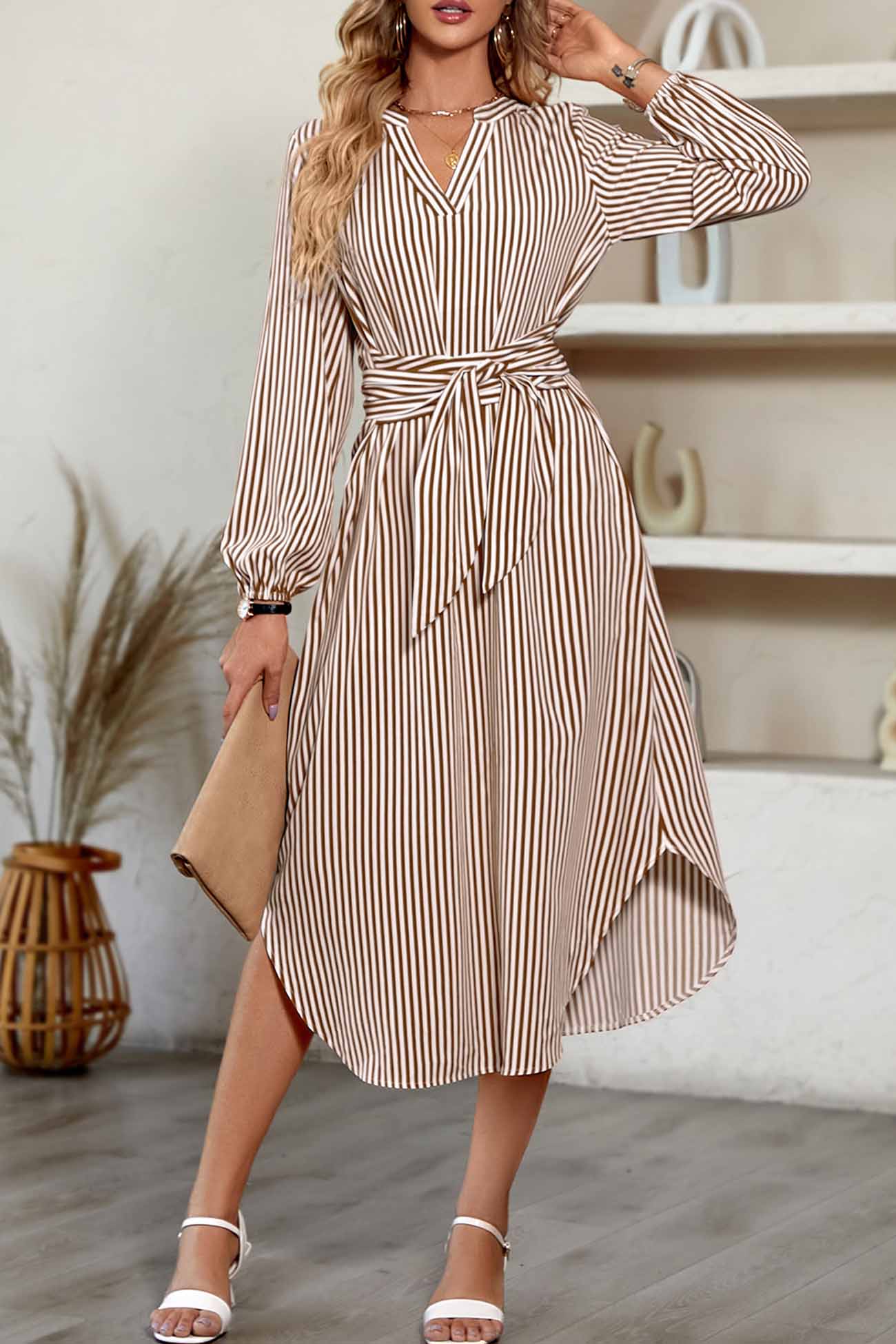 Striped V Neck Tie Waist Long Sleeve Midi Dress