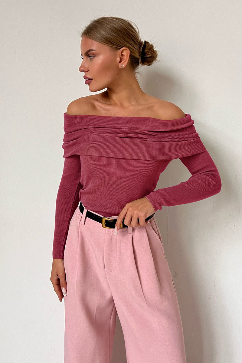 Sheer Off-Shoulder Fitted Solid Pullover Knit Top