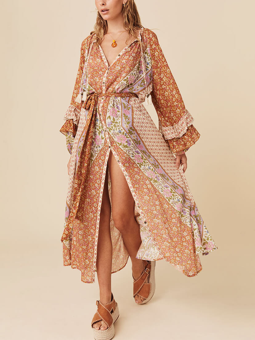 Unique Bohemian Print Long Graceful Sleeve Robe Midi Dress