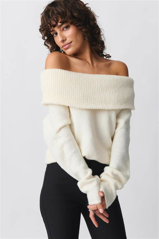 Foldover Collar Off Shoulder Fitted Sweater