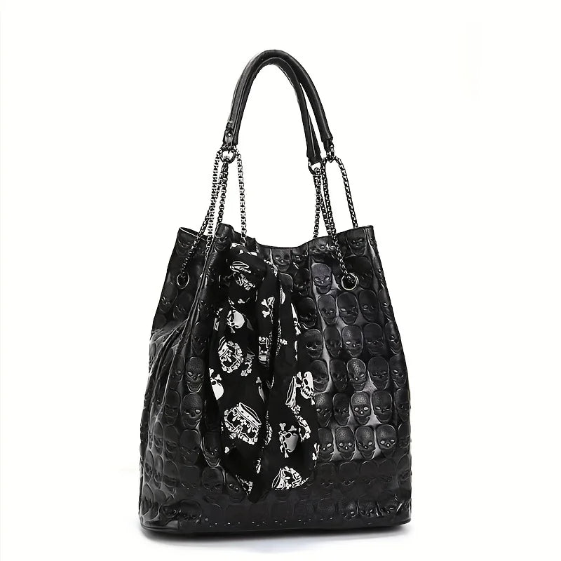 Gothic Skull Print Punk Scarf Decor Trendy Crossbody Tote Shoulder Bag