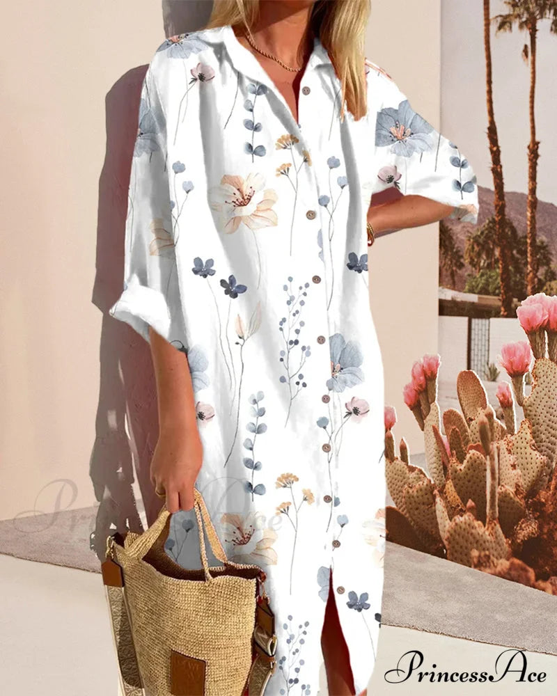 3/4 Sleeve Shirt Dress With Print Casual Dresses