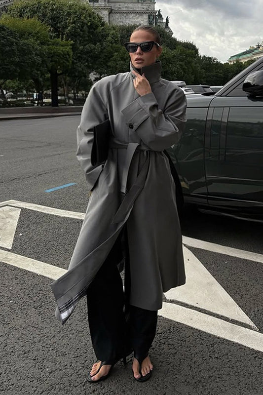 Lazy-Chic European Solid Color Stand Collar Belted Long Overcoat