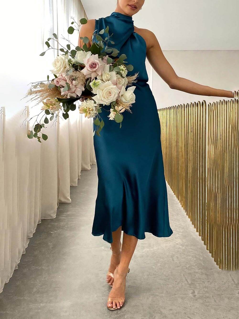 Unique Bridesmaid Sleeveless Charming High Neck Midi Dresses