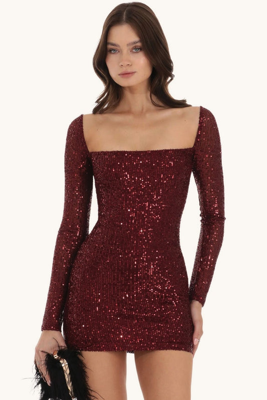 Elegant Long Sleeve Solid Slim Sequin Dress