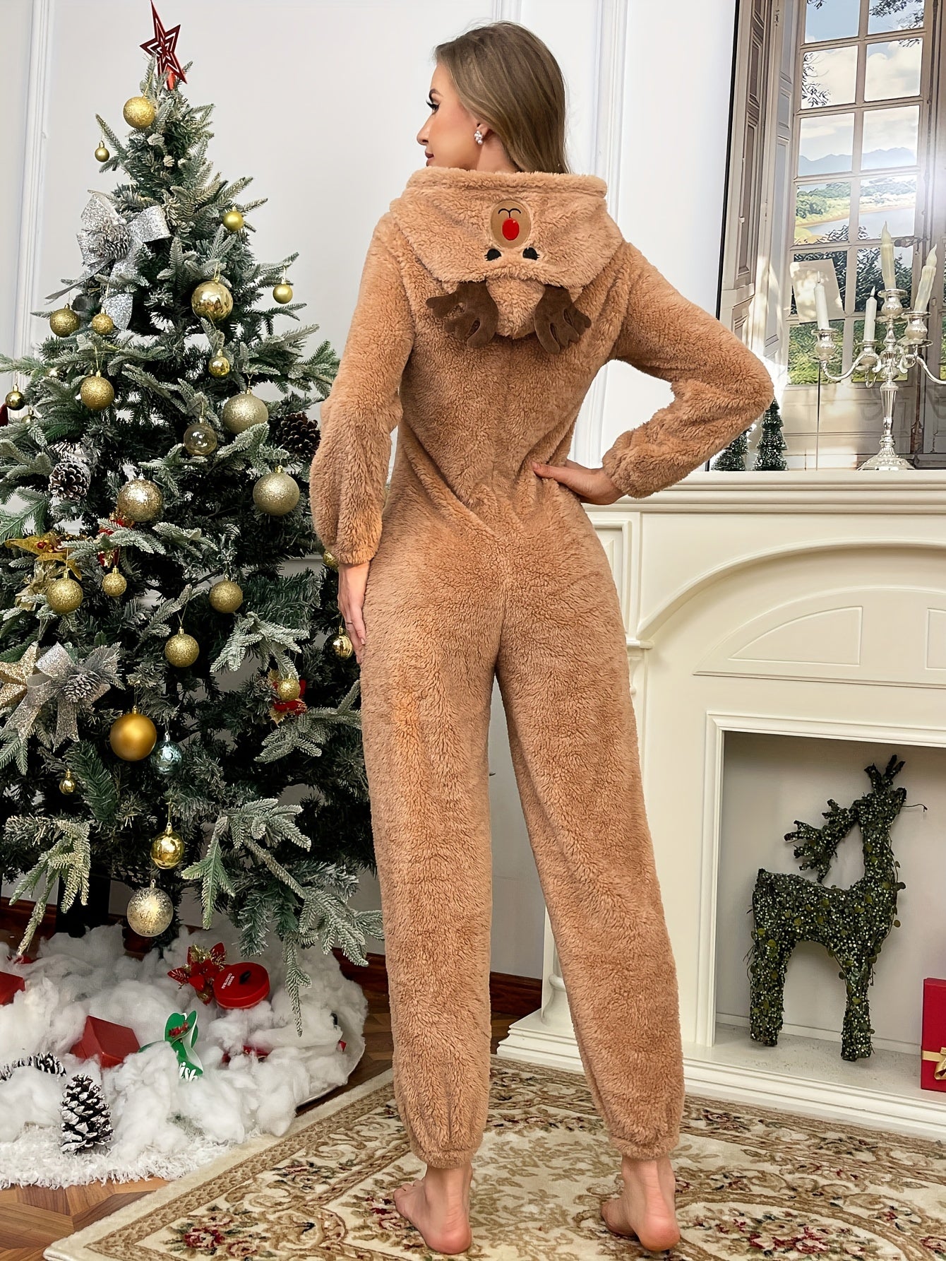 Flannel Plush Reindeer Onesie Pajamas with Hood for Women Christmas Costume