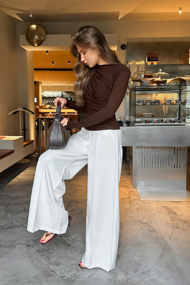 Retro Brown Slim Crew Neck Waist Cinched Long Sleeve Tee